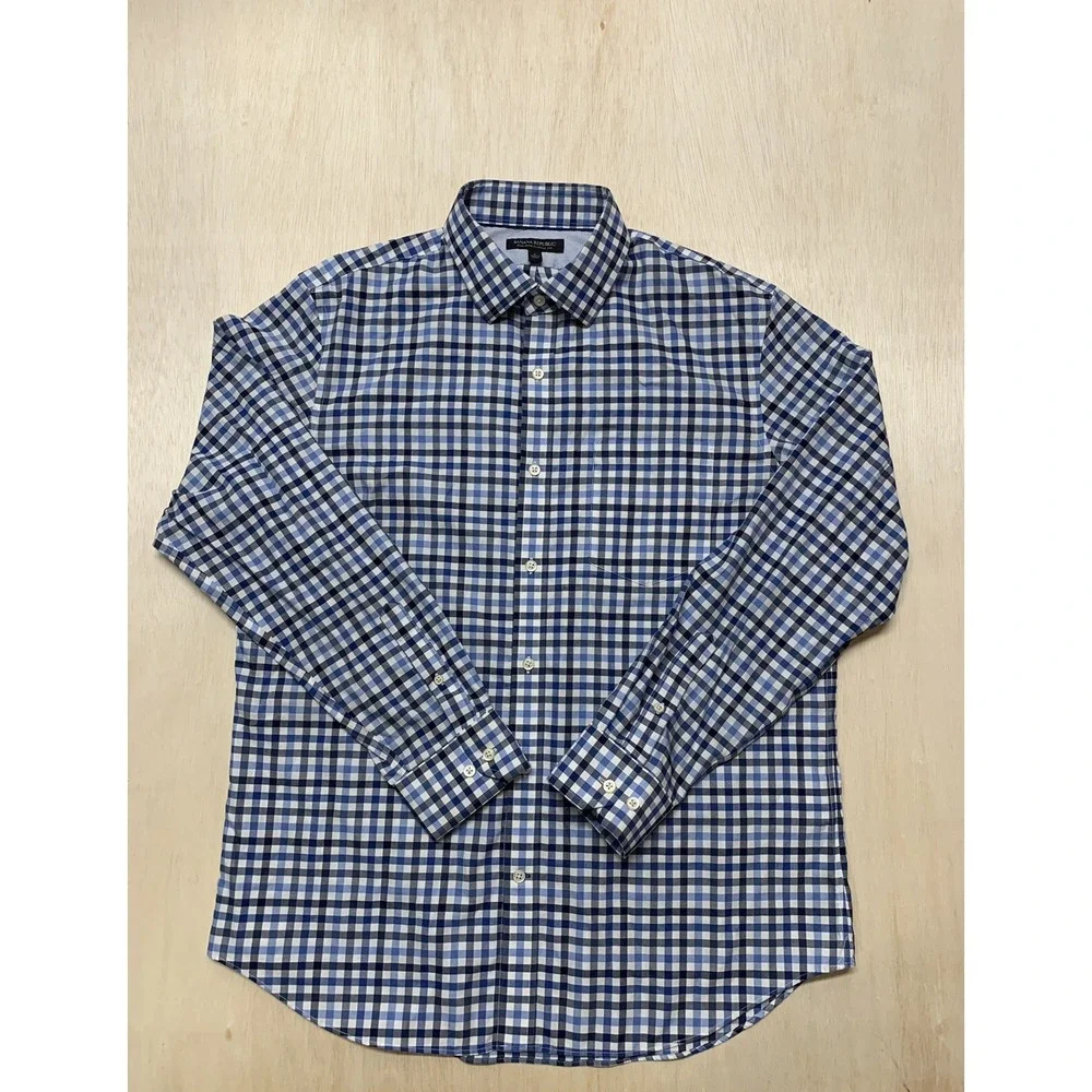 Banana Republic Mens Large Classic Fit Check Long Sleeve Shirt Navy White Non Ir